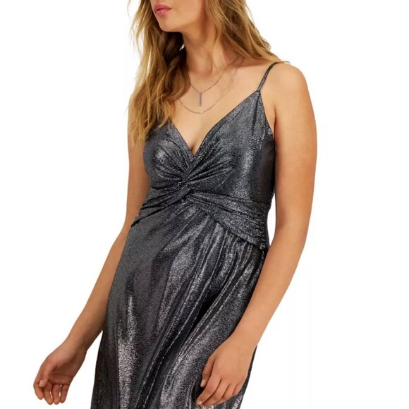 NWT Bar III Silver Metallic Faux Wrap Dress Flowy V-Neck Cocktail Party Dress - Picture 5 of 14